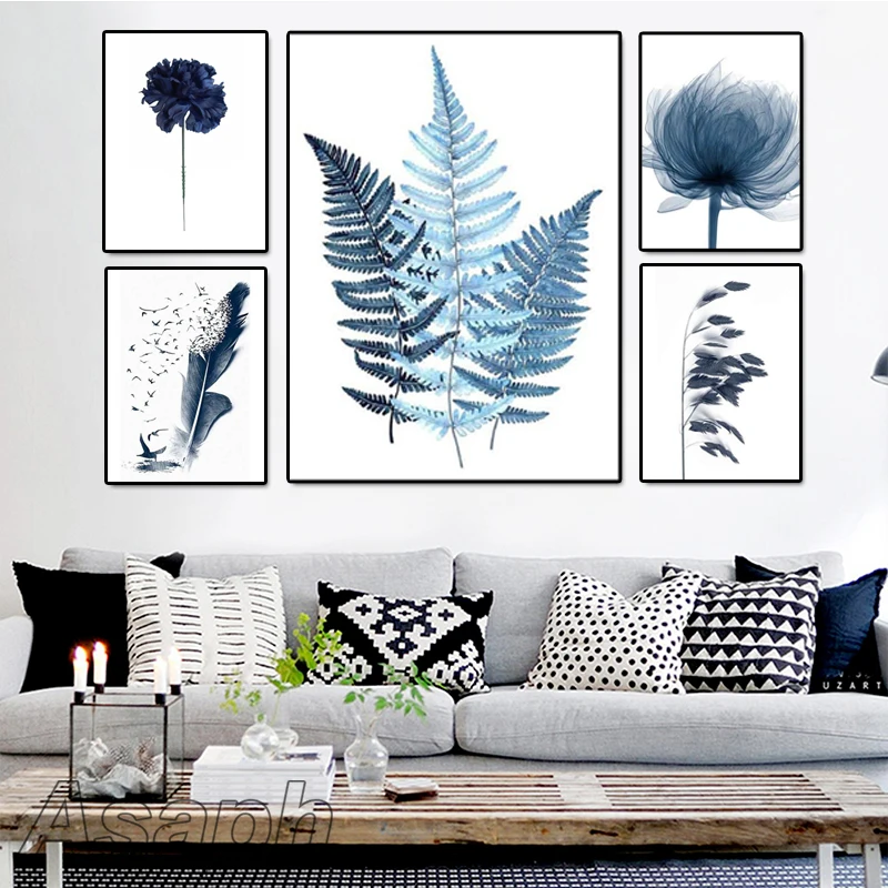 

Watercolor Blue Botanical Leaf Poster Minimalist Nordic Flowers Plant Canvas Painting Wall Art Pictures For Living Room Decor
