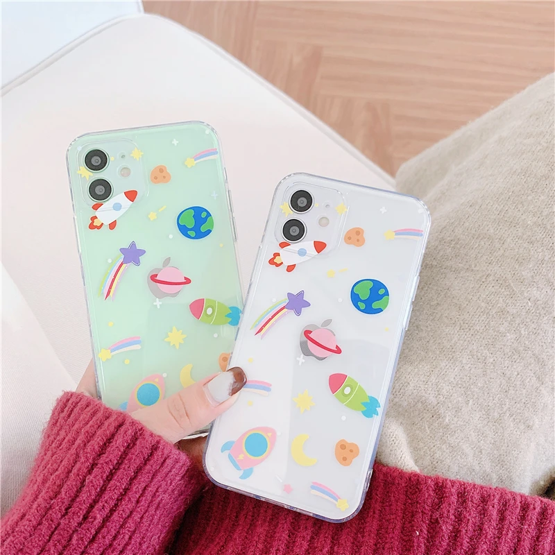 

Starry Sky Planet Phone Cases For iPhone 12 Mini 11 Pro XS MAX X XR 7 8 Plus SE 2020 Clear Straight Edge Frame Print Tpu Cover
