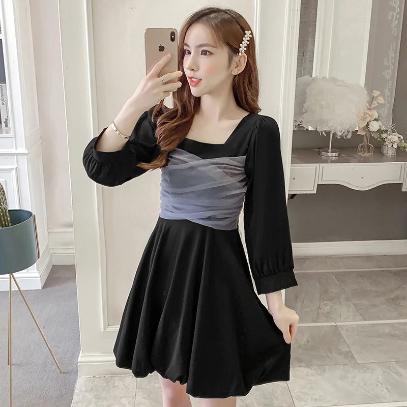 2021 Autumn Long Sleeve New Waist-Controlled Lace-Up Slimming Collar Base Mesh Stitching Small Black Dress | Женская одежда