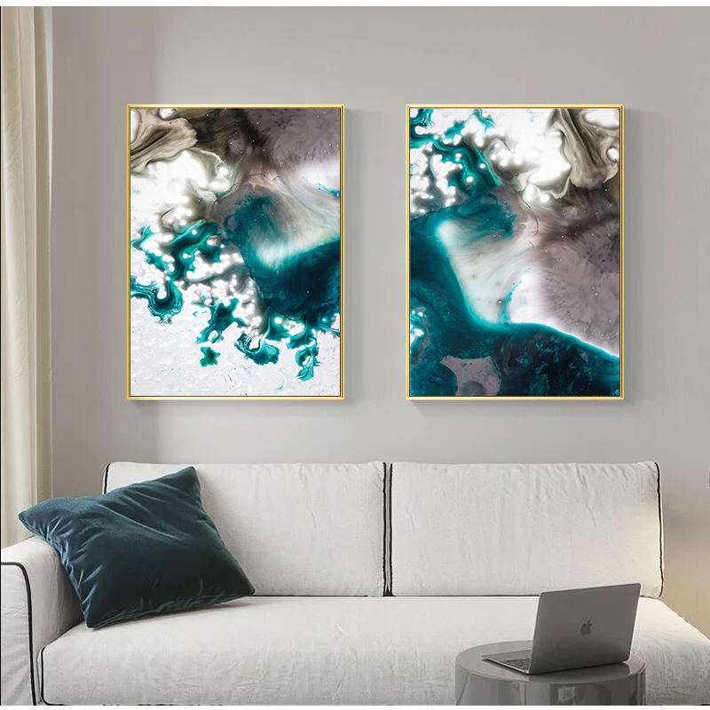 Mordern Abstract color spalsh blue golden Ink and white canvas painting poster print wall art pictures for living room bedroom | Дом и сад