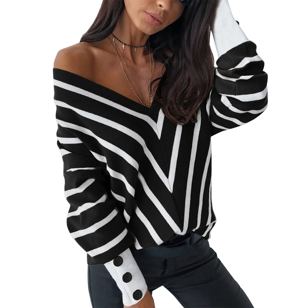 

New off shoulder striped V-Neck Sweater loose long sleeve base coat women's spring and autumn Pullover warm sweater