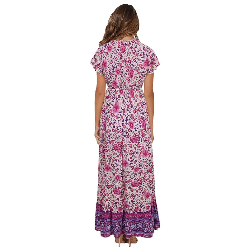 Женское богемное длинное платье макси с цветочным принтом v образным вырезом