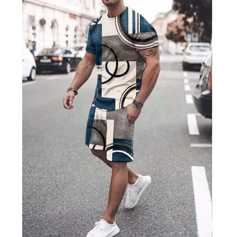 

New Summer Men's Two Pieces Set T-shirt and Short Jogging Geometric Cool Print Loose Set Summer Solid Color Shorts Tracksuits