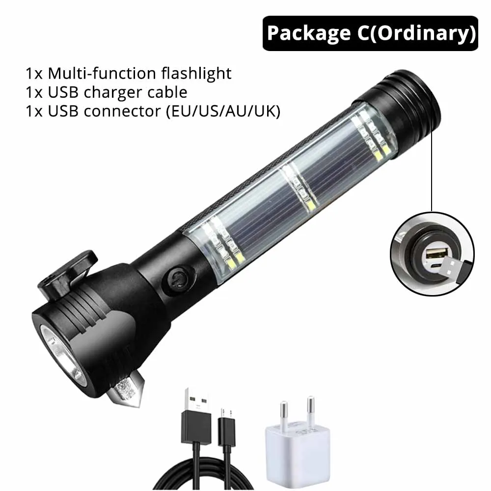 Without alarm-C USB Перезаряжаемый светодиодный фонарик на солнечной батарее, многофункциональный аварийный фонарь, защитный молоток, мобильный мощный Компас для активного отдыха - Испускаемый цвет: Without alarm-C