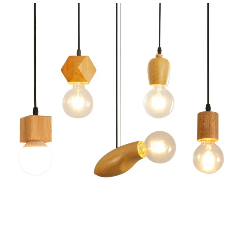 

Nordic simple solid wood lamp holder hanging line restaurant household tripod log art wood lamp single head small Chandelier