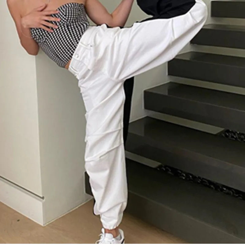 

2021 White And Black Pocket Streetwear High Waist Baggy Cargo Pants Women Fall Winter Clothes Punk Fashion Trousers