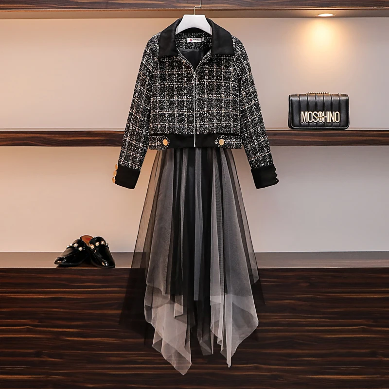 

spring and autumn gauze splicing pleated dress grid jacket coat two-piece clothing set women outfit fashion vestido suit top