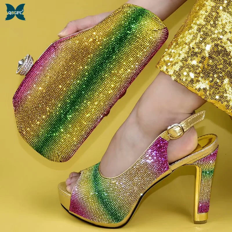 

New Fashion Italian Design Colofur PU material Ladies Shoes And Bag Set To Match Nigerian Party Shoes and Bags Set in Gold Color