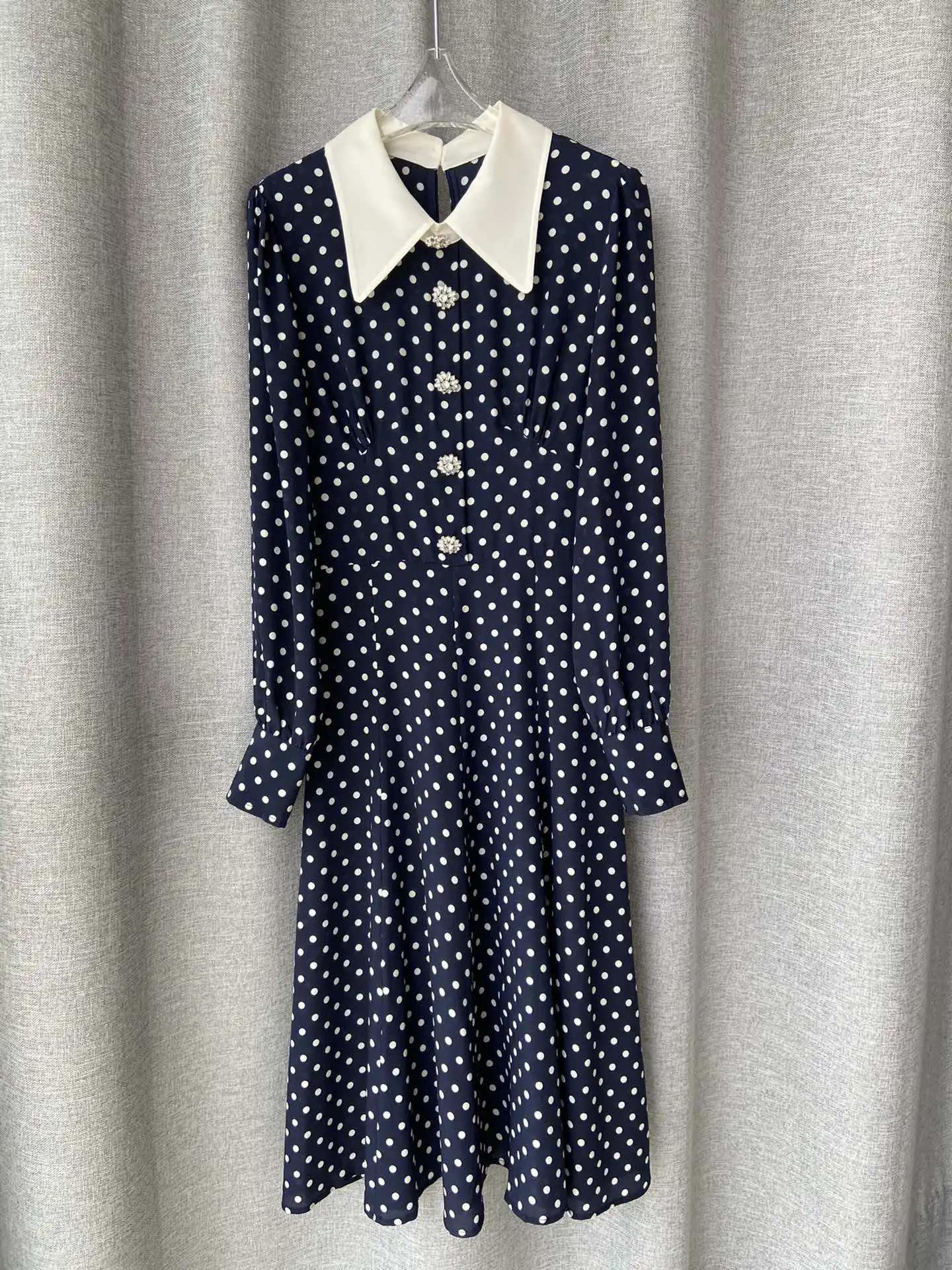 

new women fashion 2021 long-sleeved lapel rhinestone buckle polka-dot silk dress 0401