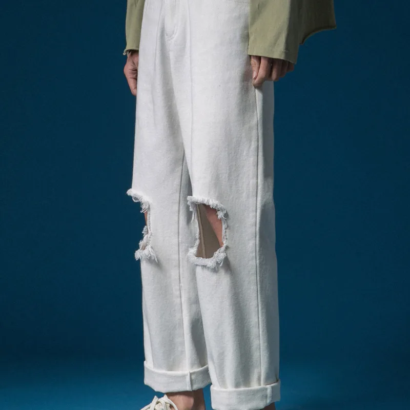 

Cotton Ripped Casual Pants Men's Fashion Solid Color Straight Pants Men Streetwear Wild Loose Hip Hop Trousers Mens M-2XL