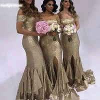 sparkle mermaid boat neck gold bridesmaid dresses 2021 draped pleats split cap sleeve elegant wedding guest gowns cheap sale