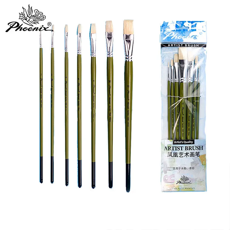 Painting brushes, Phoenix brush set, 7 PCs bristle set, long handle, flat #2,4,6,8,10,12, sharp #2