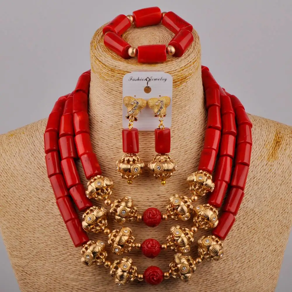 Красный африканский коралловый комплект ювелирных изделий нигерийские
