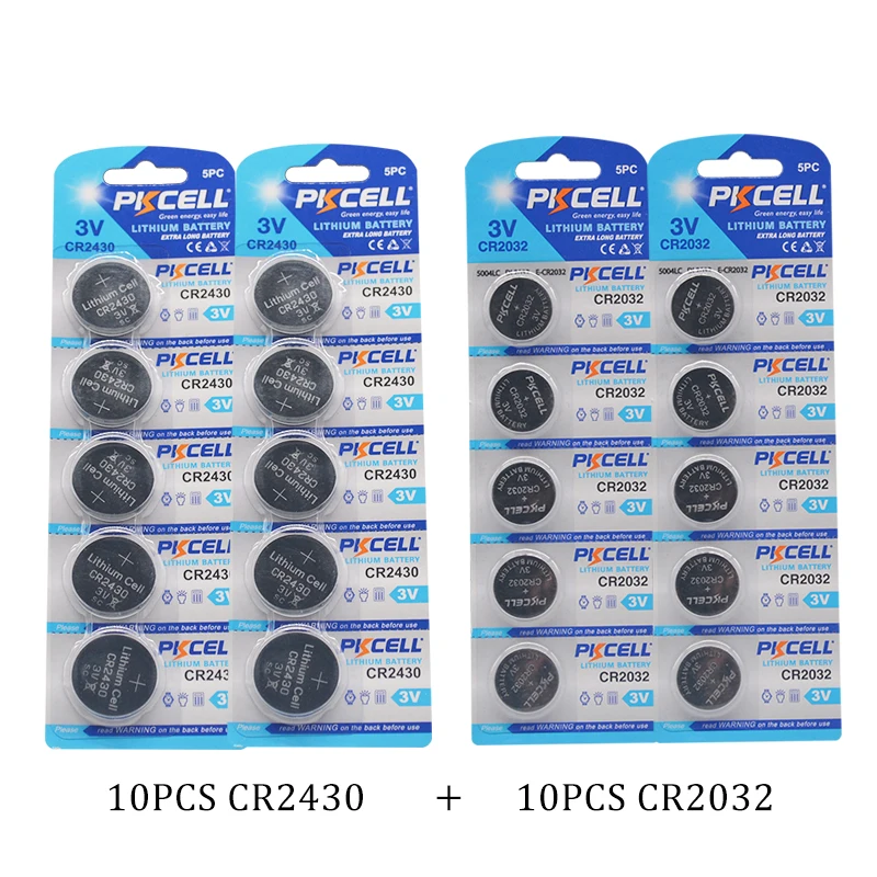 

PKCELL 10Pcs/2Cards CR2032 + CR2430 3V Lithium Battery Button Dry Cell total 20pcs Coin Batteries