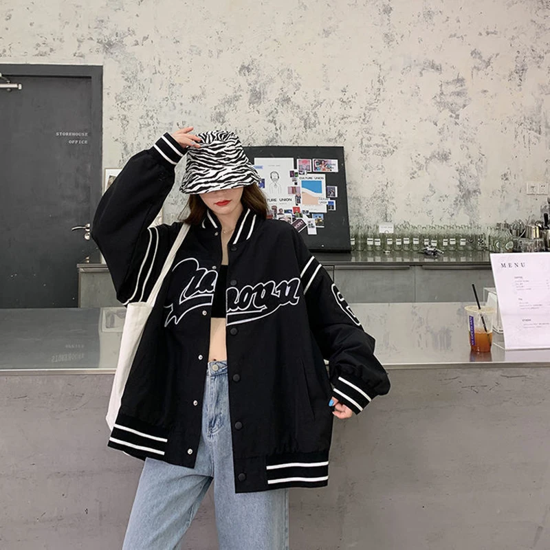 

Hip-Hop Baseball Uniform Jacket Women New Embroidery Sports Jacket Spring Autumn Vintage Single Breasted Coats Female