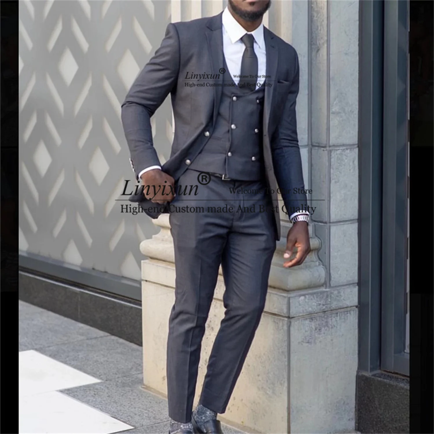 Деловые серые мужские костюмы облегающий двубортный жилет комплект из 3
