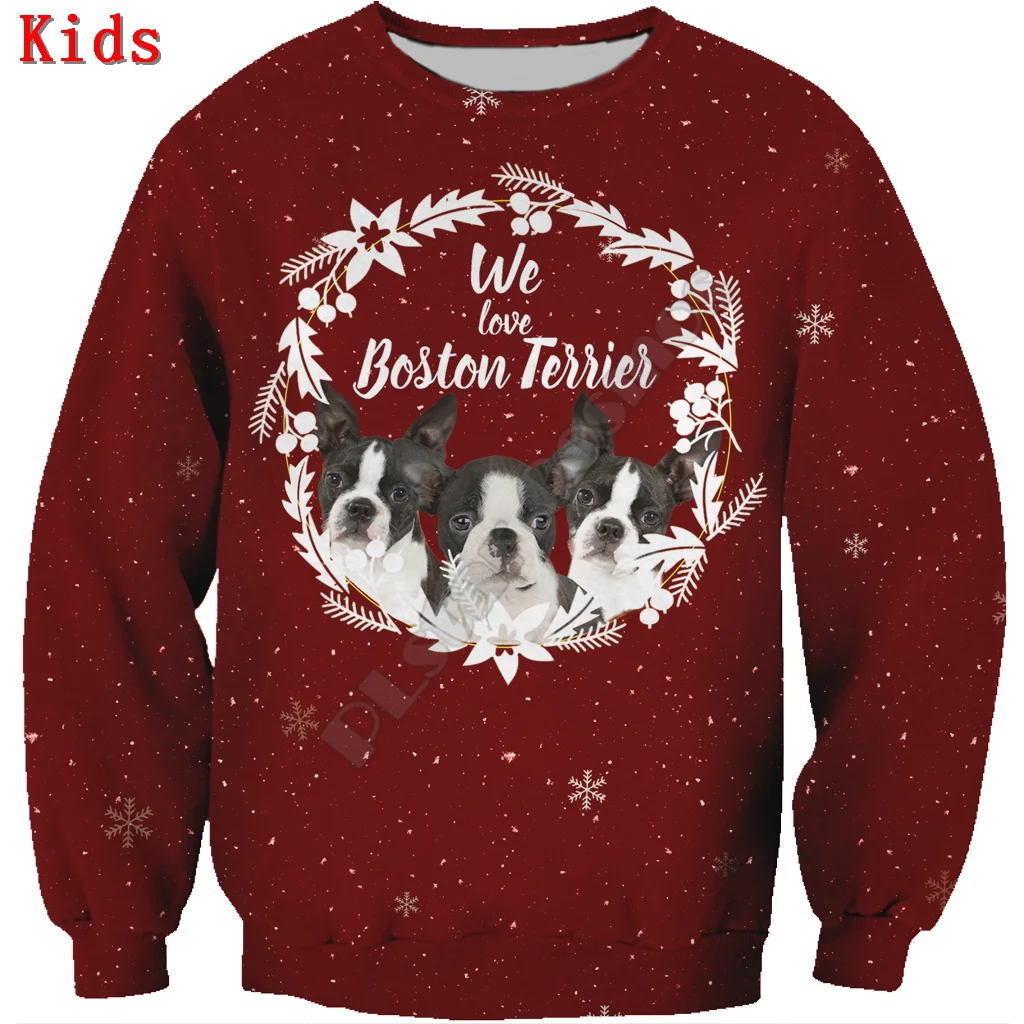 Autumn Winter Boston Terrier 3d printed Hoodies Pullover Boy For Girl Long Sleeve Shirts Kids Christmas Sweatshirt