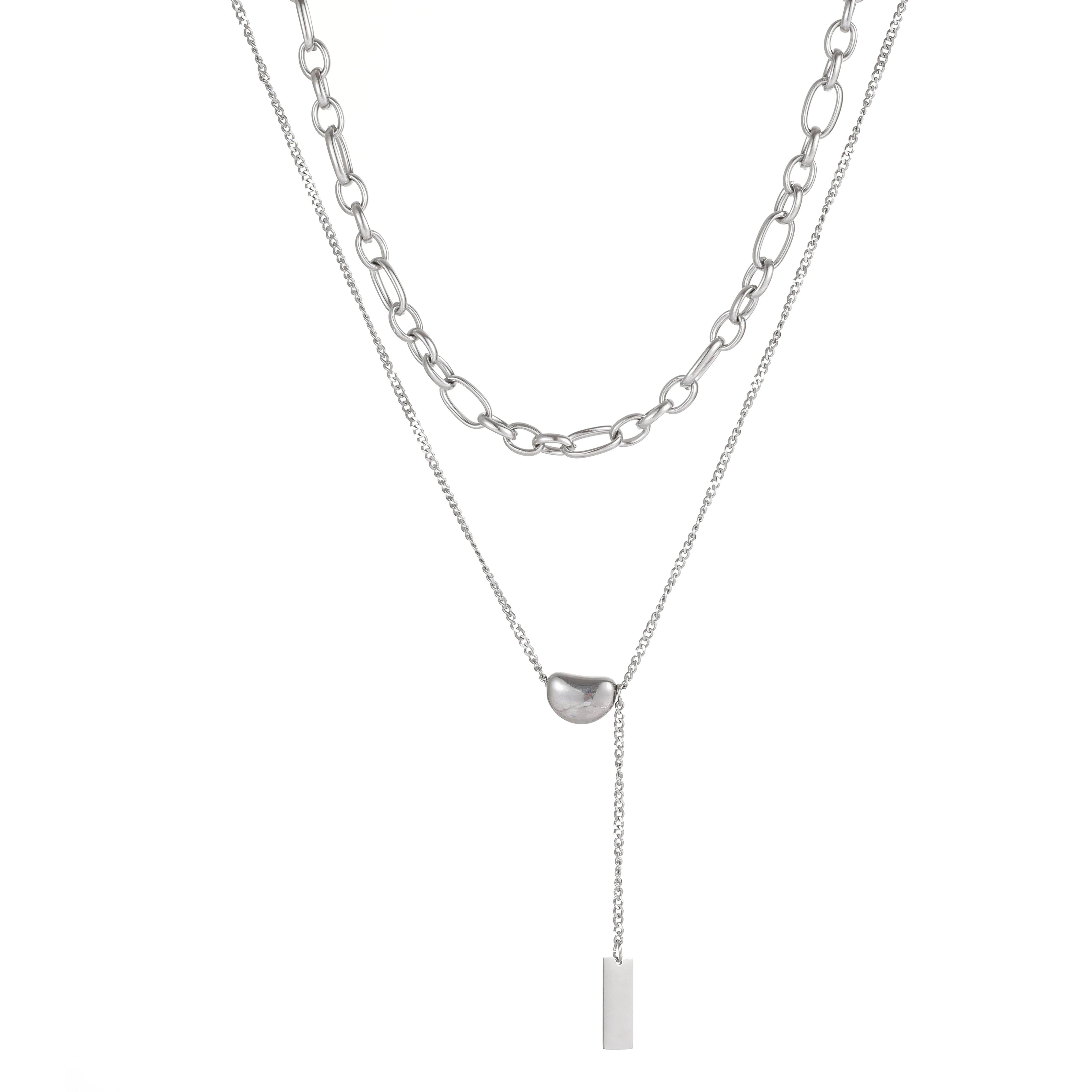 

Bilandi Trendy Jewelry Two Layers Metal Pendant Necklace Popular Silvery Plating Chain Choker Necklace For Women Party Gifts