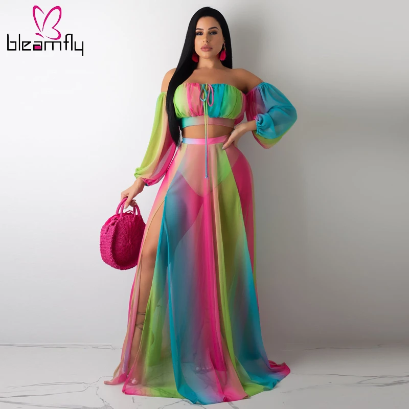 Boho Сексуальный комплект из двух предметов с открытыми плечами, укороченный топ с длинным рукавом+ юбка макси с разрезом, комплекты с трусиками, женские костюмы с радужным принтом
