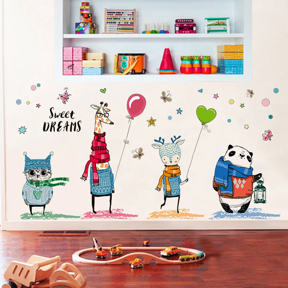 Cartoon Animals Wall Stickers for Kids Rooms Baby Boys Girls Cute Giraffe Panda Star Wallpaper Room Decoration | Дом и сад