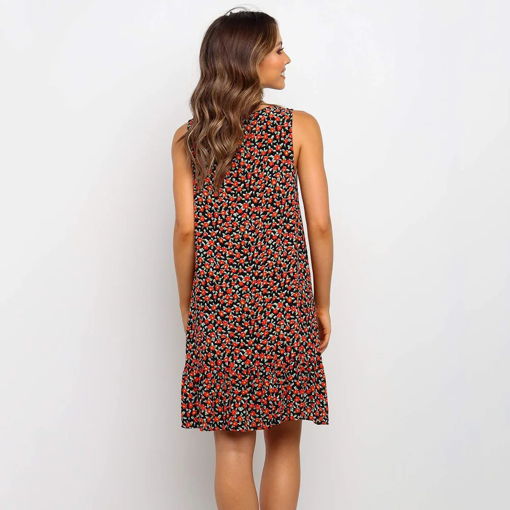 

Sexy Deep V-Neck Sleeveless Print Button Dress A-Line Loose Ruffles Hem Vest Mini Dresses Women Summer Casual Short Dress
