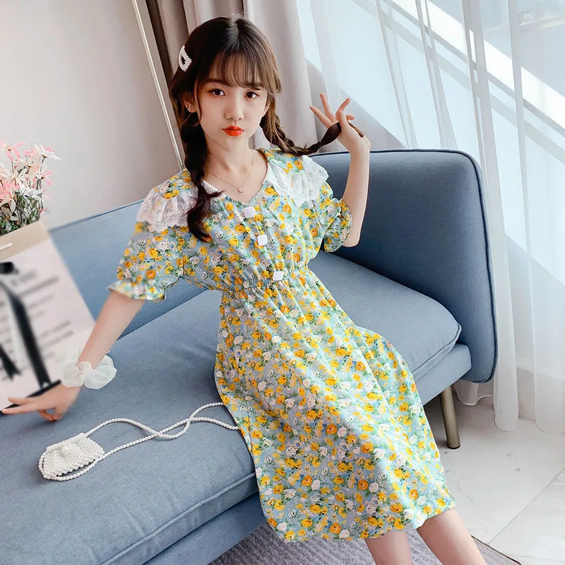 Летнее платье для девочек новинка 2021 длинное Цветочное в пасторальном стиле с