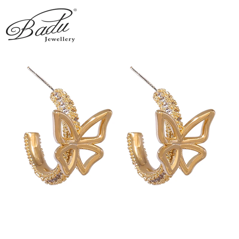 

Badu New Butterfly Stud Earrings Golden Animal Semicircle Earrings Hollow Design Bright Golden Jewelry Gifts for Girlfriends