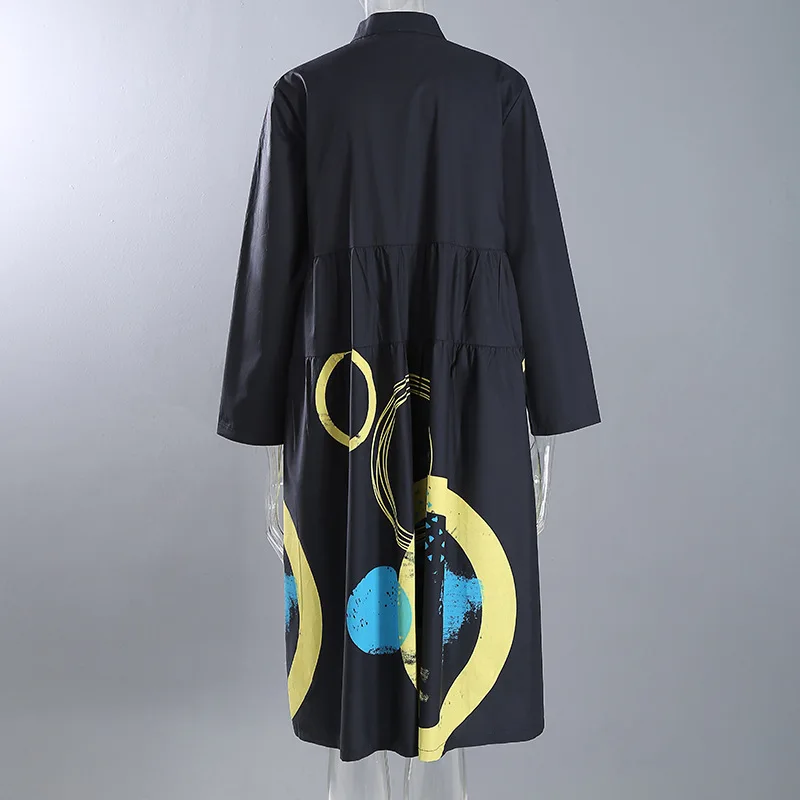 

SeeBeautiful Printed Stitching Large Size Dress Stand Collar Long Sleeve Single Breasted New Fashion 2021 Spring Women E109