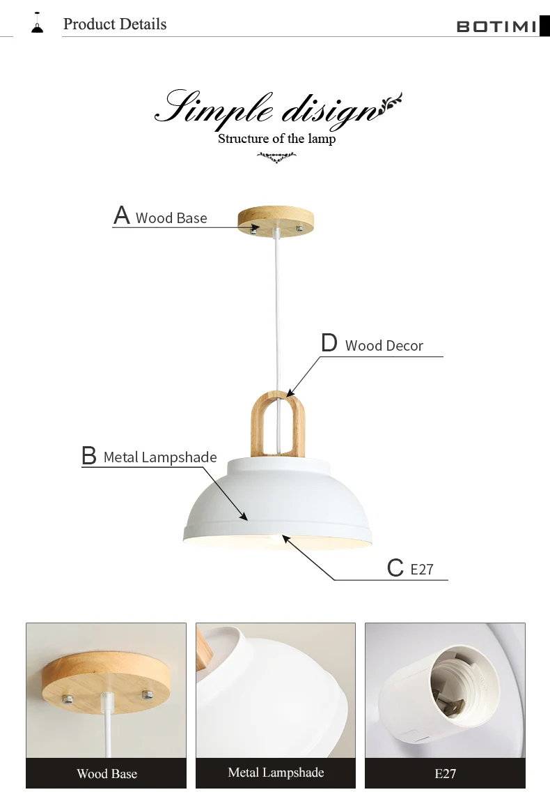 BOTIMI White Metal LED Pendant Lights For Dining Room Modern Indoor Wooden Kitchen Gray Hanging Lamp