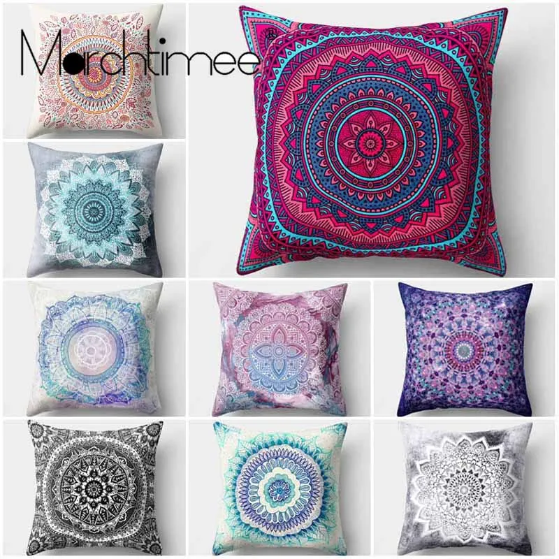 Цветочный узор в виде мандалы синяя наволочка для диванной подушки из полиэстера