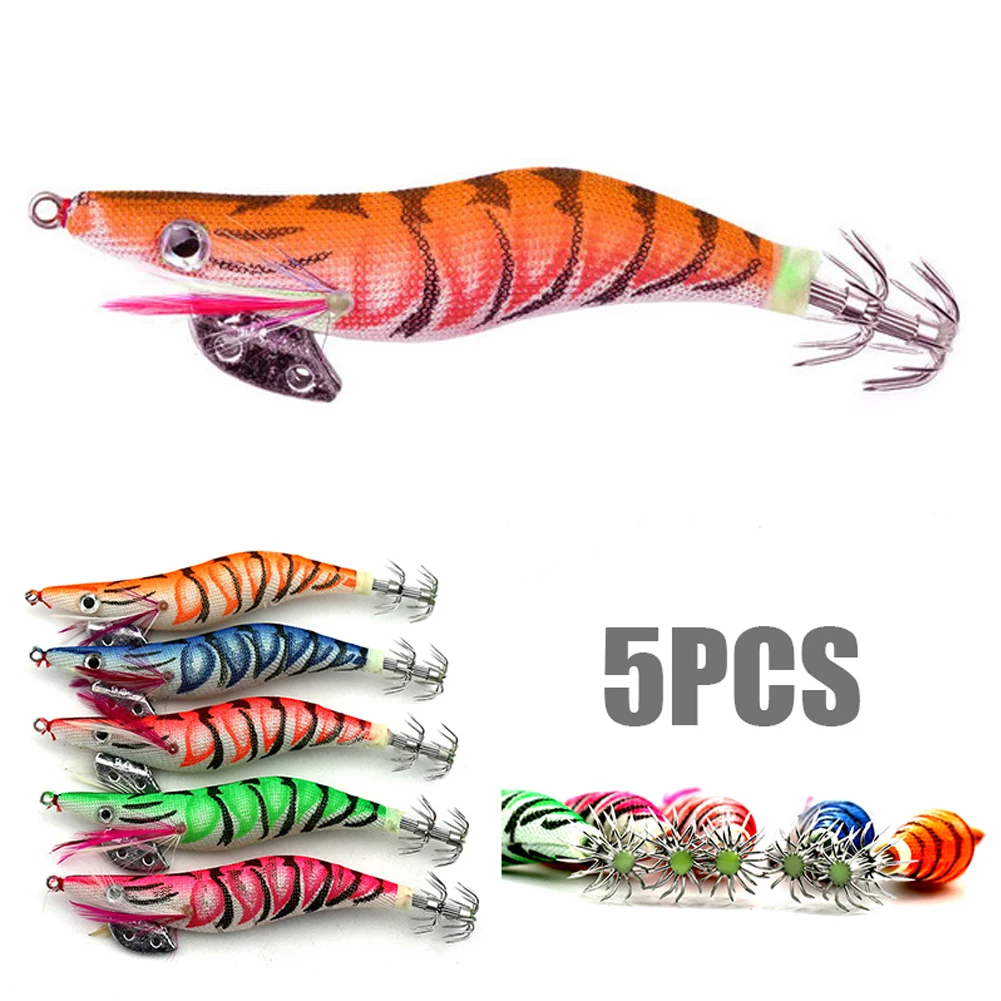 

5PCS Luminous Squid Lure 13g/11cm Jig Bait Fishing Wood Shrimp Squid Cuttlefish Jigs Lures Spinner Bait with 3 Hook Sea Fishing