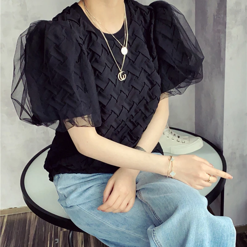 

CHICEVER White Patchwork Mesh T Shirt For Women O Neck Puff Short Sleeve Minimalist Oversize Solid T Shirts Female 2021 Clothing