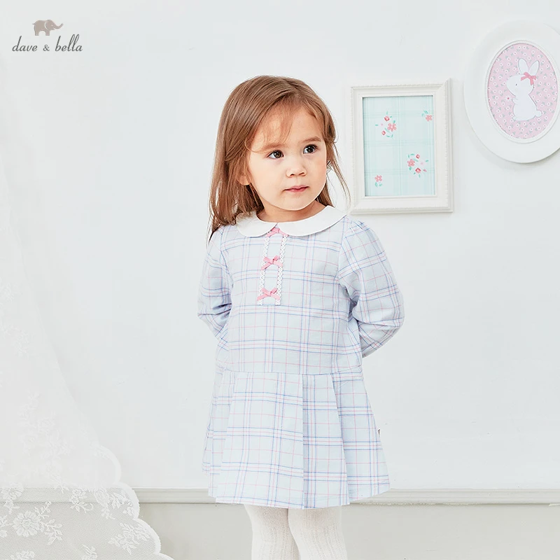 

DBH15916 dave bella spring baby girl's cute bow plaid dress children fashion party dress kids infant lolita clothes