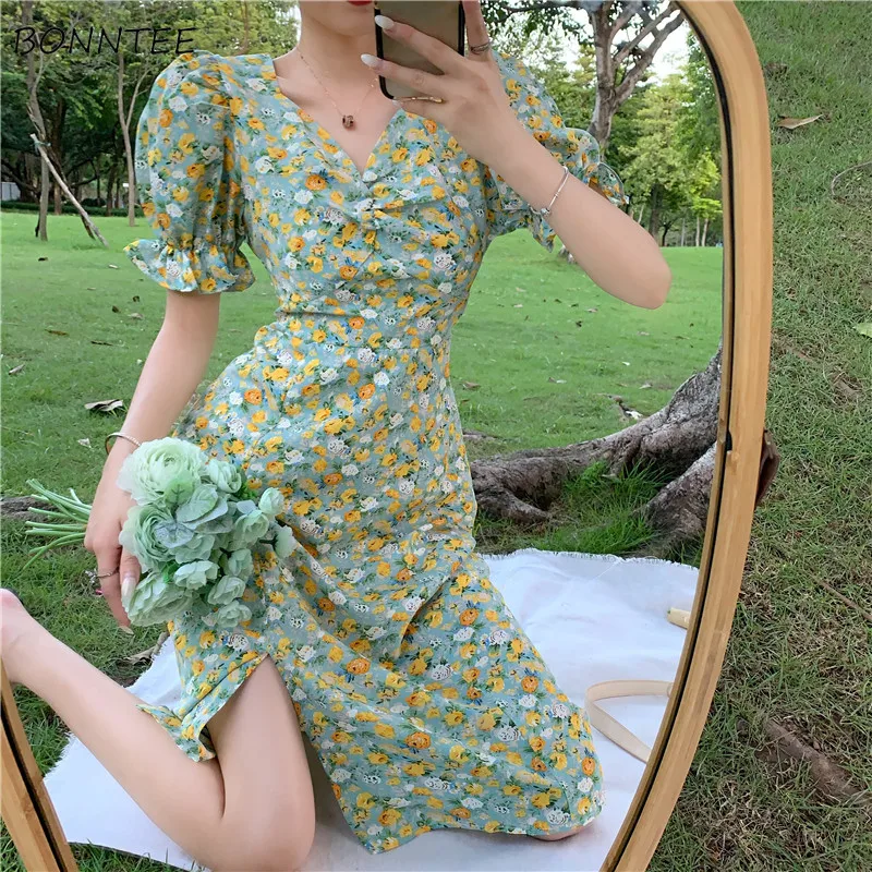 

Short Puff Sleeve Dress Women Brisk V-neck Holiday Mid-calf French Shirring Summer Side Split Tunic Tender Fairy Flower Chic Ins