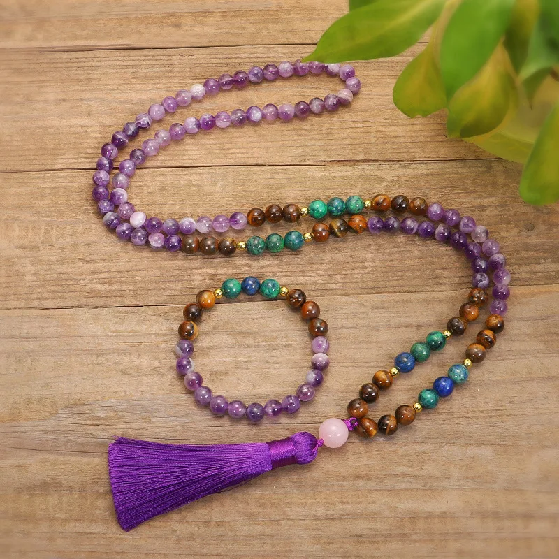 

Natural Amethyst Stone Jewelry Sets Tigers Eye, 108 Beads Necklace Chrysocolla Azurite with 6MM Hematite Bracelet Women Men