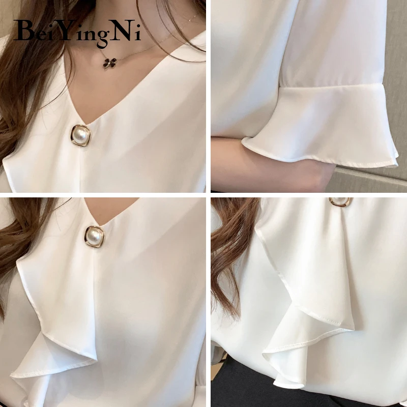 

Beiyingni Elegant Office Ladies Shirts Womens Ruffle Flare Sleeve All-match Korean Chiffon White Blusas Female Beading Blouses