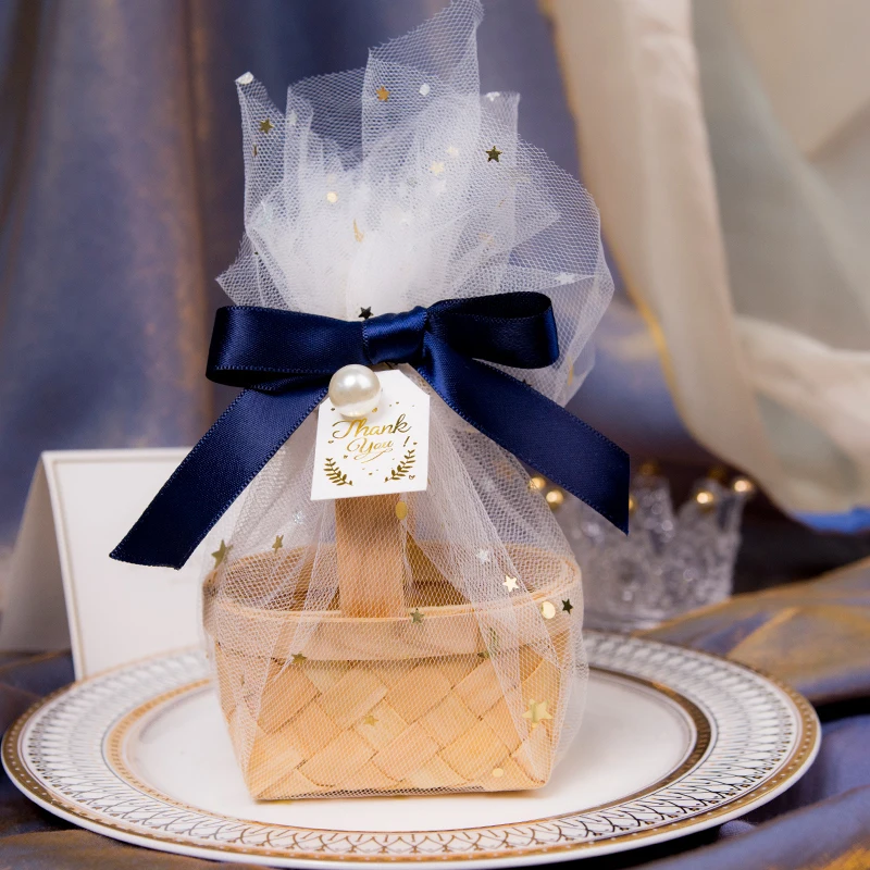 

5x9x7cm Fashion Bamboo Woven Handmade Basket Star Organza Drawstring Organizer Gift Bag Organza Bag White Candy Wedding Pouches