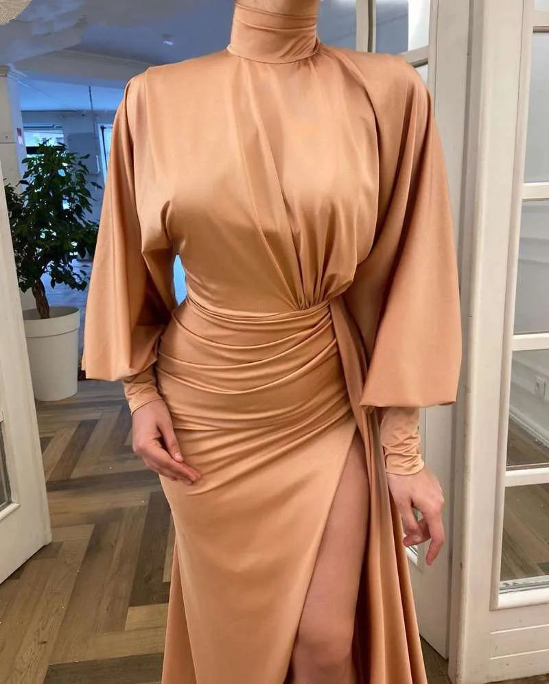 Muslim Evening Dresses A-line High Collar Long Sleeves Slit Dubai Saudi Arabia Gown Prom Dress Robe De Soiree | Свадьбы и торжества