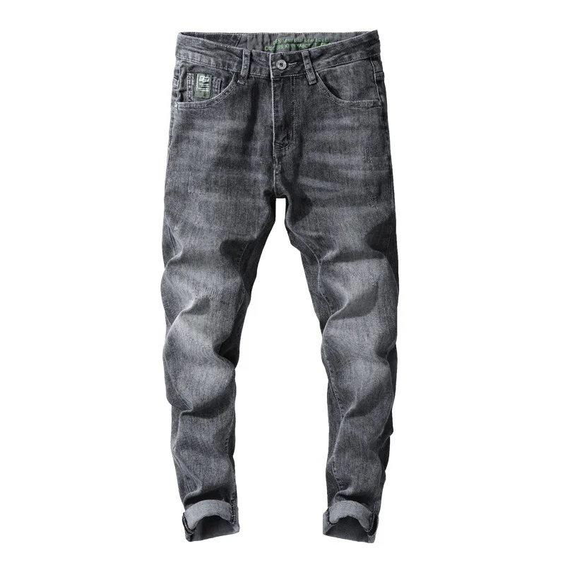 Summer Korean Style Men Gray Jeans Casual Slim Fit Pencil Pants Streetwear Denim Trousers