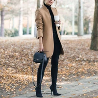 fashion women wool coat solid color long sleeve mandarin collar overcoats autumn winter casual lady office work jacket long coat
