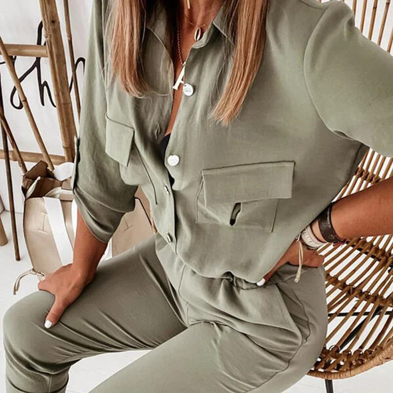 

2021 Spring Sexy Turn-down Collar Button Women Jumpsuit Solid Elastic Waist Overalls Playsuit Summer Slim Fit Cargo Pants Romper