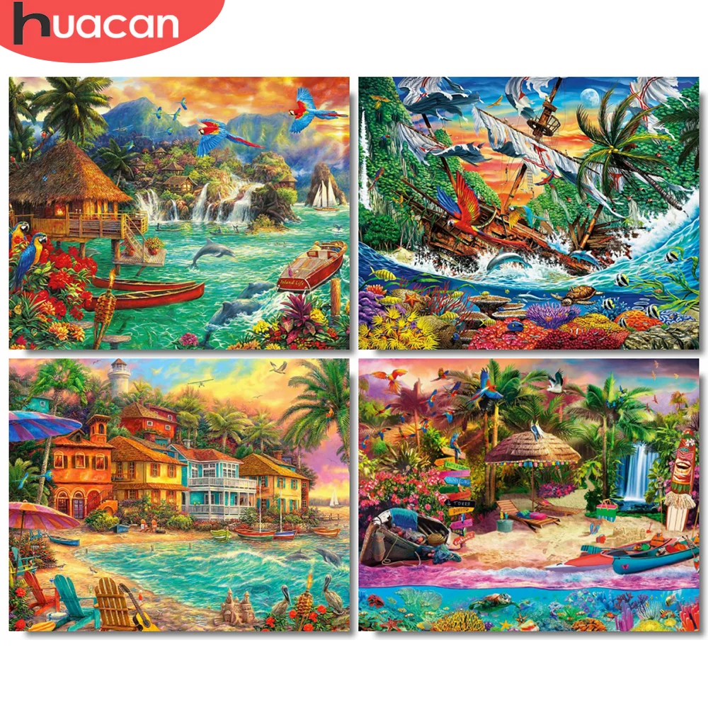 

HUACAN DIY Picture By Numbers Town Landscape Wall Art HandPainted Unique Gift Painting By Number Seaside For Living Room