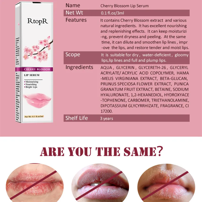 

RtopR Cherry Blossom Lip Serum Mask Dry Crack Peeling Repair Reduce Lip Fine Lines Essence Moisturizing Beauty Care 3ml