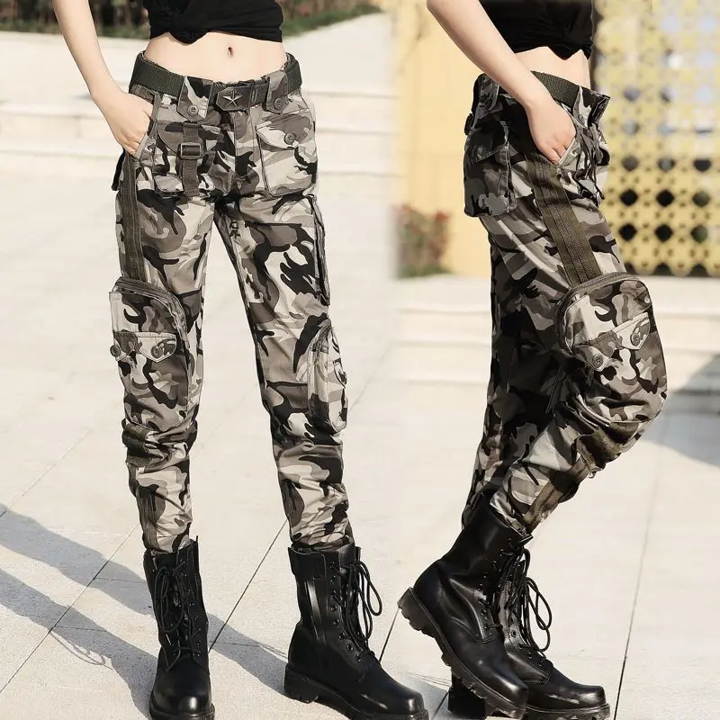 

2021 High Quality Cargo Pants Women Handsome Pattern Military Tactical Pants Woman Casual Multiple Pocket Pants