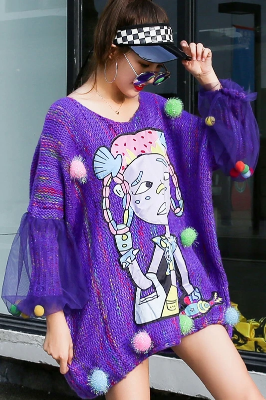 QING MO Purple Women Pullovers Sweater 2020 Cartoon Printed Female Knitted With Colorful Beading ZQY5228 | Женская одежда