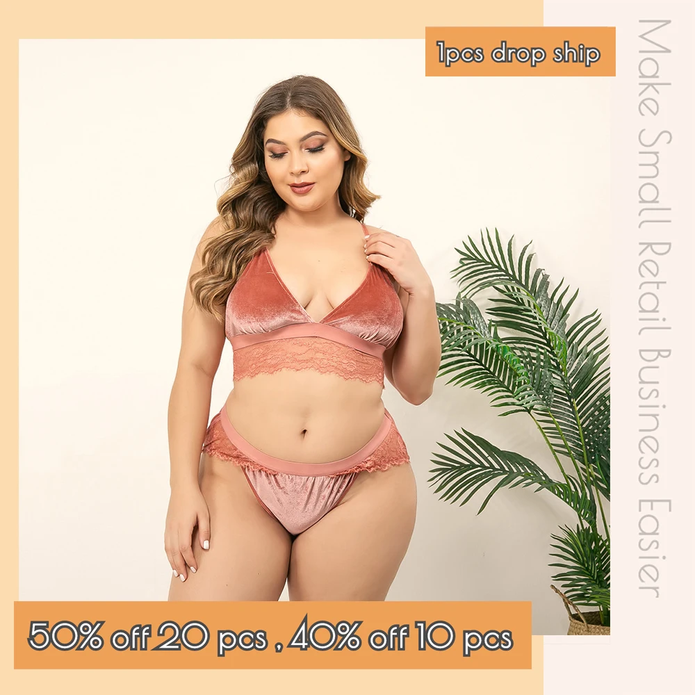 

Plus Size Velvet Sexy Lingerier Women Wireless Bra Set Wholesale Bralette Panty CT Market