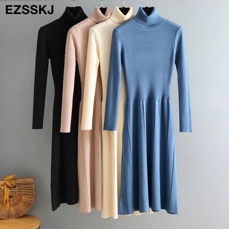 Осень-зима 2020 длинное платье-свитер с круглым вырезом женское базовое теплое