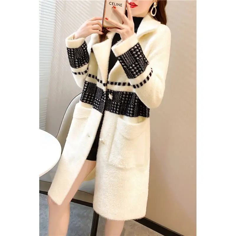 

Women's Fashion All-match Thickening Ladies Jacket Spring and Autumn New Plaid Imitation Mink Velvet Mid-length Coat,