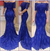 royal blue lace formal occasion evening dress 2019 robe de soiree boat neck off the shoulder sexy mermaid long prom dresses