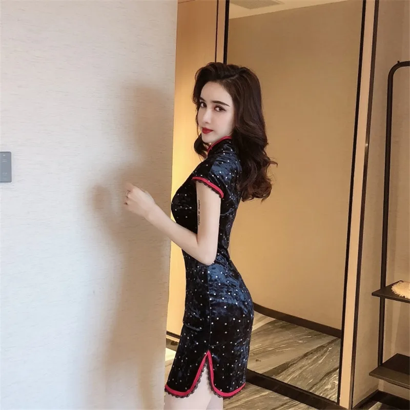

Real shot 2020 new style retro lace edge velvet slit improved daily cheongsam short sleeve fashion dress women